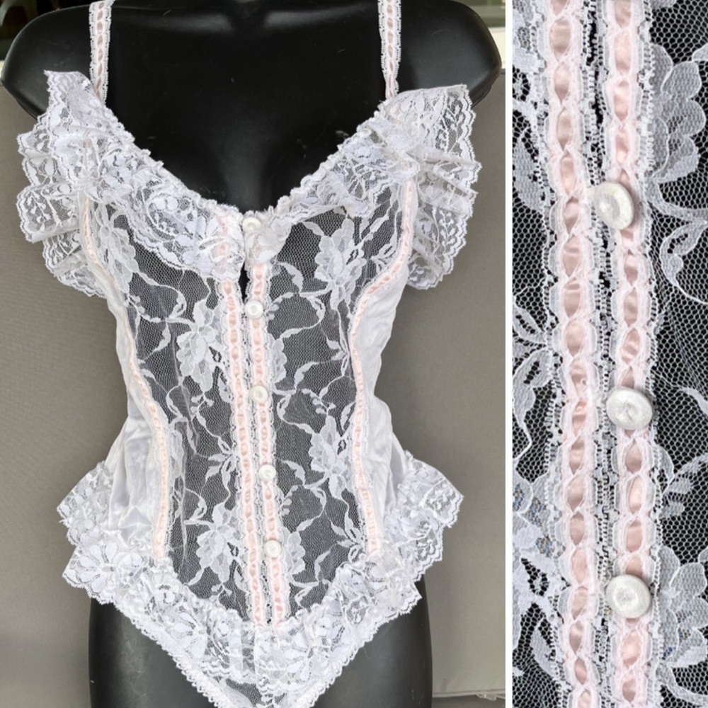 Vintage Delicates White & Pink Corset Lace Teddy L - Picture 1 of 6